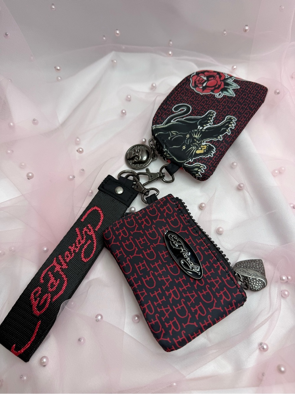 Ed Hardy Black/Red Logo Print Zip Wristlet